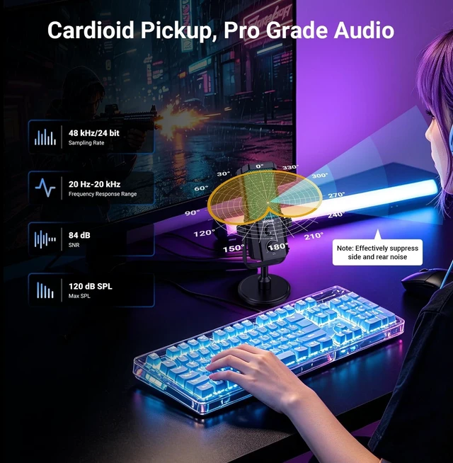 Alt view image 10 of 14 - UM01 AI Noise Canceling USB Microphone, Plug & Play Cardioid RGB Condenser Mic Mute/Music Sync/App Control for Android Windows PC Mac PS4/5 Gaming Recording Streaming Podcasting Studio Computer