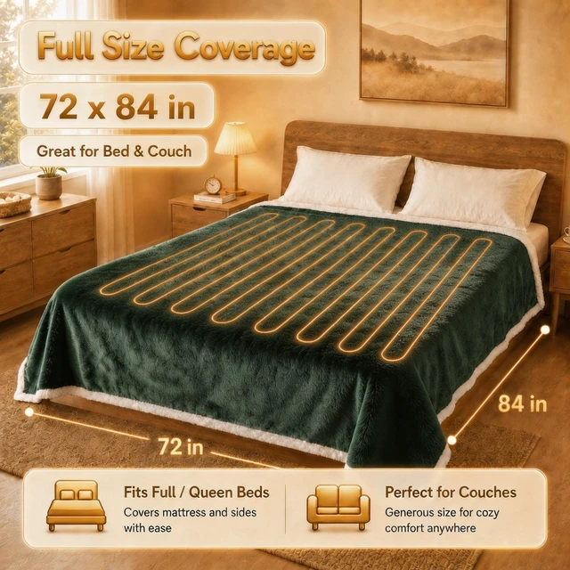 Alt view image 10 of 14 - Heated Blanket Electric Blanket Full Size 72''x84'' with 5 Heat Settings, 10 Hour Auto Off, Machine Washable, Flannel & Sherpa Soft Warming Blanket for Couch, Bed, Office - Grass Green