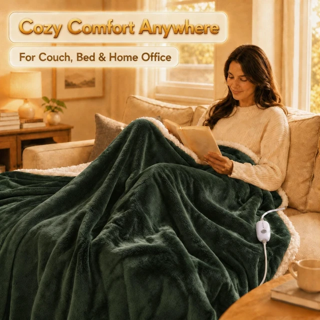 Alt view image 9 of 14 - Heated Blanket Electric Blanket Full Size 72''x84'' with 5 Heat Settings, 10 Hour Auto Off, Machine Washable, Flannel & Sherpa Soft Warming Blanket for Couch, Bed, Office - Grass Green
