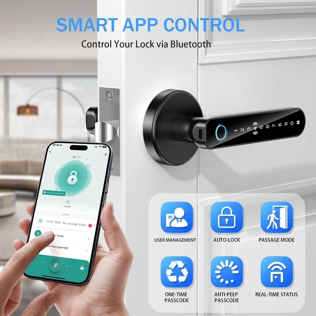 Alt view image 11 of 14 - Fingerprint Door Lock - Smart Door Handle with Keypad, Biometric Door Knob for Bedroom, Home Office
