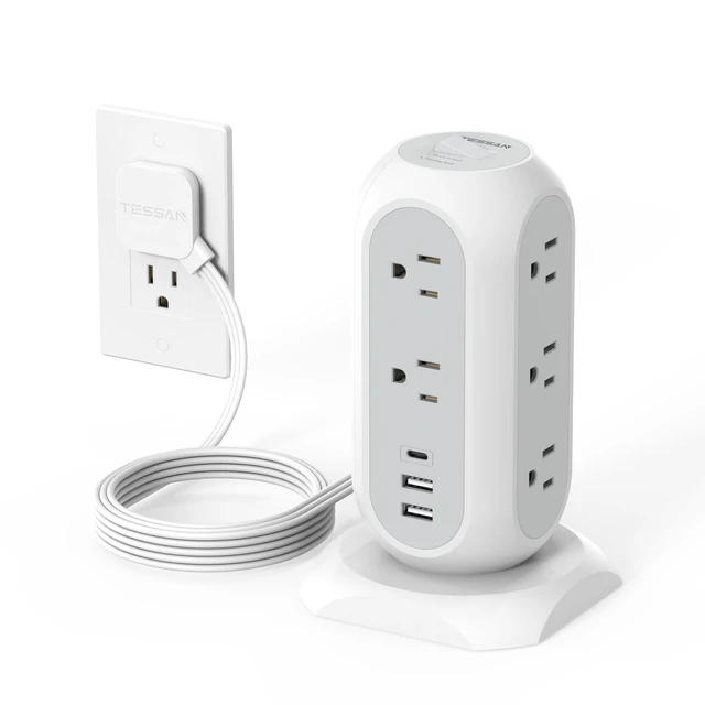 Alt view image 8 of 14 - Tower Power Strip Flat Plug with 1050J Surge Protection, 6 Ft, Grey | 11 Outlets 3 USB (1 USB C), Surge Protector Power Tower, Extension Cord with Multiple Outlets, Dorm, Office Desk Supplies