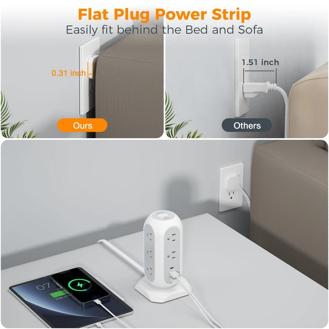 Alt view image 9 of 14 - Tower Power Strip Flat Plug with 1050J Surge Protection, 6 Ft, Grey | 11 Outlets 3 USB (1 USB C), Surge Protector Power Tower, Extension Cord with Multiple Outlets, Dorm, Office Desk Supplies