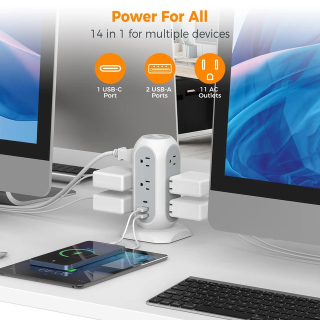 Alt view image 12 of 14 - Tower Power Strip Flat Plug with 1050J Surge Protection, 6 Ft, Grey | 11 Outlets 3 USB (1 USB C), Surge Protector Power Tower, Extension Cord with Multiple Outlets, Dorm, Office Desk Supplies
