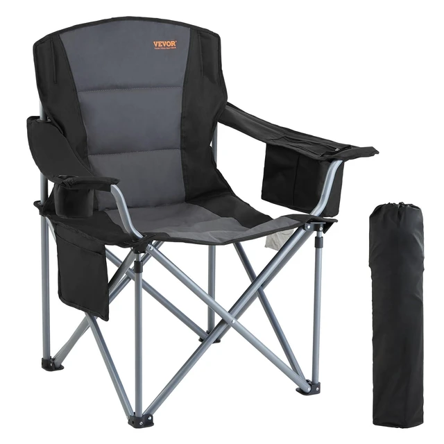 Alt view image 8 of 14 - Oversized Camping Folding Chair, Portable Heavy Duty Outdoor Quad Lumbar Back Padded with Side Pockets, Cup Holder and Cooler Bag for Beach, Lawn, Picnic, Fishing, Backpacking, Black