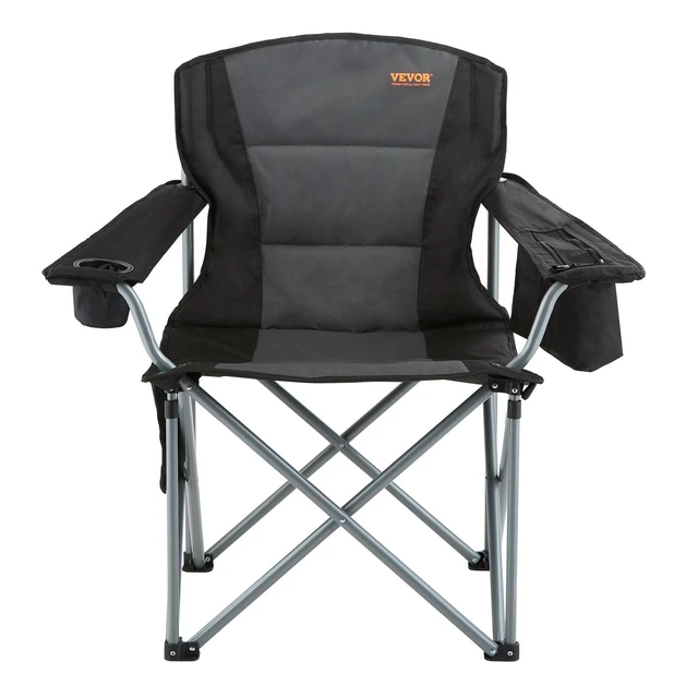 Alt view image 11 of 14 - Oversized Camping Folding Chair, Portable Heavy Duty Outdoor Quad Lumbar Back Padded with Side Pockets, Cup Holder and Cooler Bag for Beach, Lawn, Picnic, Fishing, Backpacking, Black