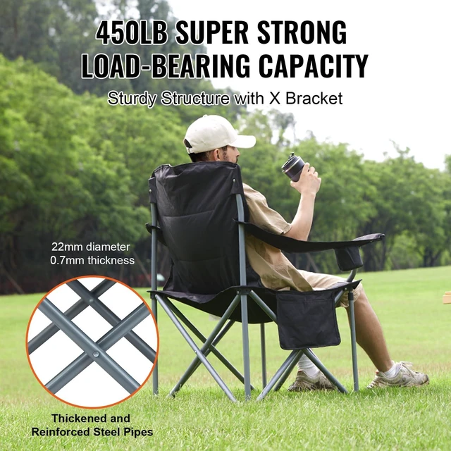 Alt view image 10 of 14 - Oversized Camping Folding Chair, Portable Heavy Duty Outdoor Quad Lumbar Back Padded with Side Pockets, Cup Holder and Cooler Bag for Beach, Lawn, Picnic, Fishing, Backpacking, Black