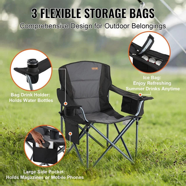 Alt view image 13 of 14 - Oversized Camping Folding Chair, Portable Heavy Duty Outdoor Quad Lumbar Back Padded with Side Pockets, Cup Holder and Cooler Bag for Beach, Lawn, Picnic, Fishing, Backpacking, Black