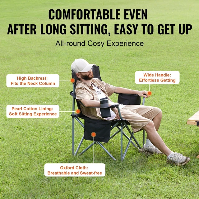Alt view image 12 of 14 - Oversized Camping Folding Chair, Portable Heavy Duty Outdoor Quad Lumbar Back Padded with Side Pockets, Cup Holder and Cooler Bag for Beach, Lawn, Picnic, Fishing, Backpacking, Black