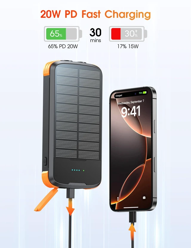 Alt view image 11 of 14 - Solar Power Bank 40000mAh PD20W Fast Charging Portable Solar Charger | Built-in 4 Cables, 3 Ports, Dual Bright Flashlight, External Battery Pack for Camping, Hiking, and Outdoor Use, Orange