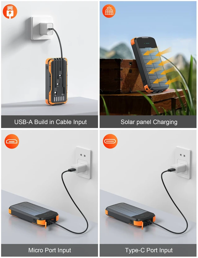Alt view image 12 of 14 - Solar Power Bank 40000mAh PD20W Fast Charging Portable Solar Charger | Built-in 4 Cables, 3 Ports, Dual Bright Flashlight, External Battery Pack for Camping, Hiking, and Outdoor Use, Orange