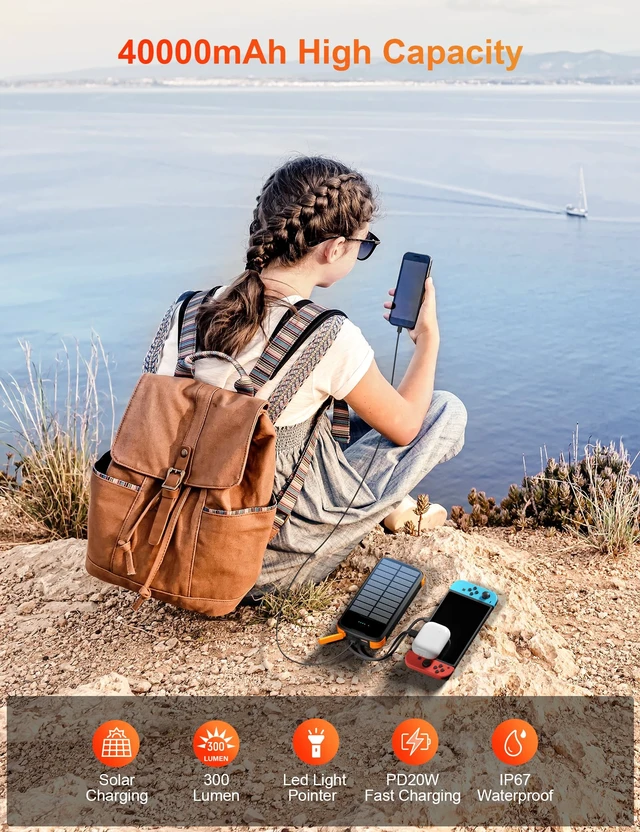 Alt view image 10 of 14 - Solar Power Bank 40000mAh PD20W Fast Charging Portable Solar Charger | Built-in 4 Cables, 3 Ports, Dual Bright Flashlight, External Battery Pack for Camping, Hiking, and Outdoor Use, Orange