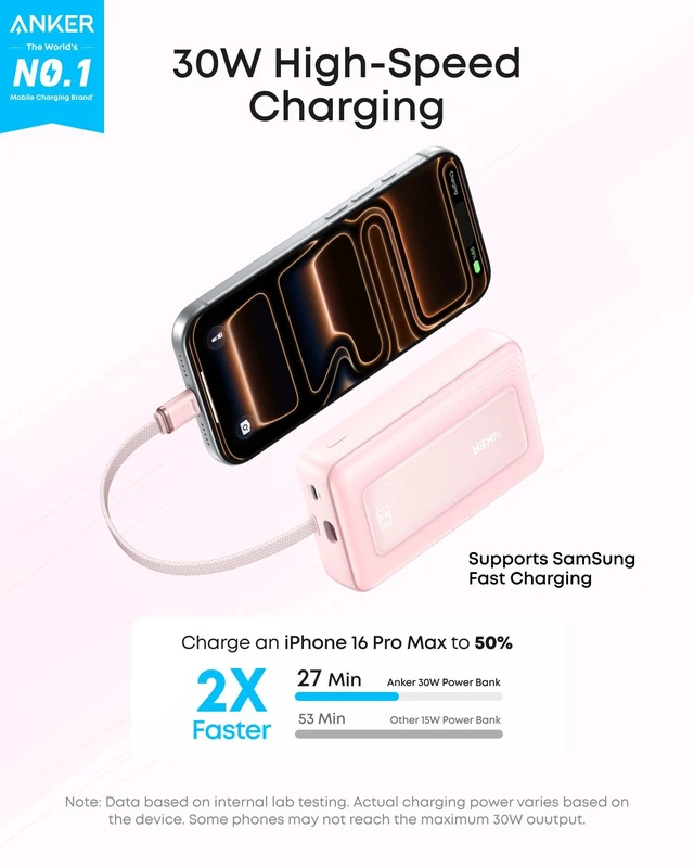 Alt view image 9 of 14 - Power Bank,10,000mAh 30W with USB-C Travel Essential Portable Charger | 30W Portable Charger with USB-C Input and Output, Travel-Essential Phone Power Bank for iPhone 17 / 16, Galaxy, and More