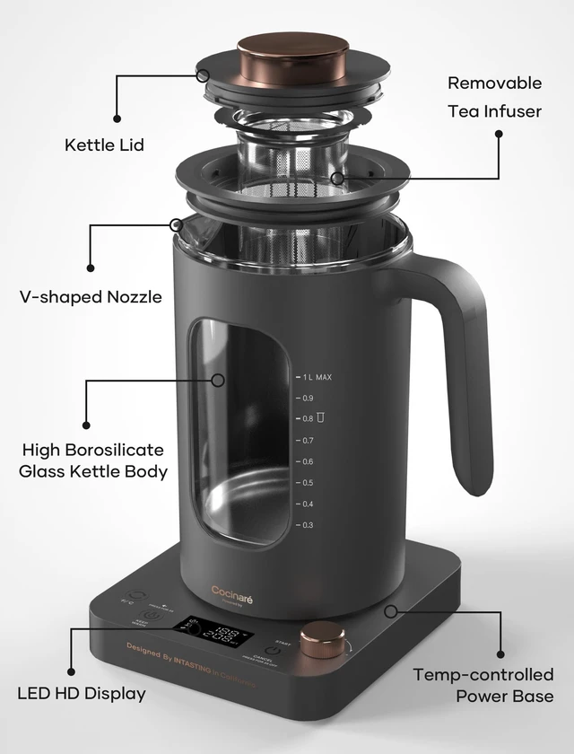 Alt view image 9 of 14 - Electric Tea Kettle with Infuser, ±1 Temperature Control, 1L | Borosilicate Glass, 1200W Fast Heating, Easy to Clean, Keep-warm, Auto shut-off, Dark Gray