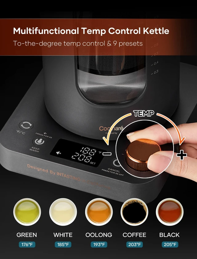 Alt view image 10 of 14 - Electric Tea Kettle with Infuser, ±1 Temperature Control, 1L | Borosilicate Glass, 1200W Fast Heating, Easy to Clean, Keep-warm, Auto shut-off, Dark Gray