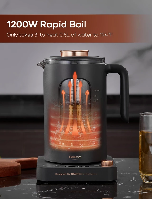 Alt view image 11 of 14 - Electric Tea Kettle with Infuser, ±1 Temperature Control, 1L | Borosilicate Glass, 1200W Fast Heating, Easy to Clean, Keep-warm, Auto shut-off, Dark Gray