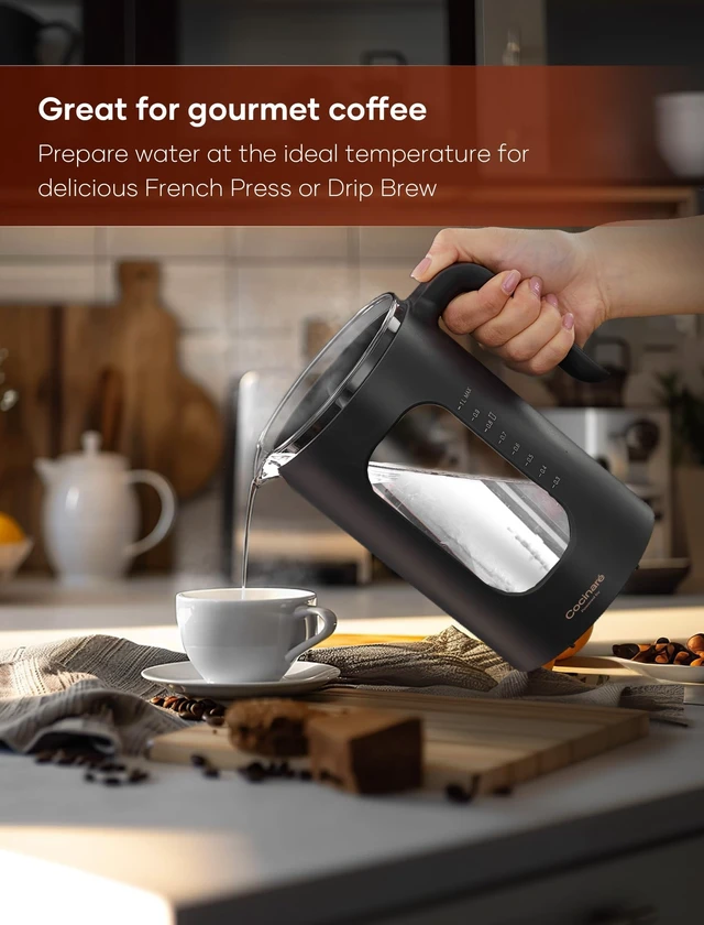 Alt view image 12 of 14 - Electric Tea Kettle with Infuser, ±1 Temperature Control, 1L | Borosilicate Glass, 1200W Fast Heating, Easy to Clean, Keep-warm, Auto shut-off, Dark Gray