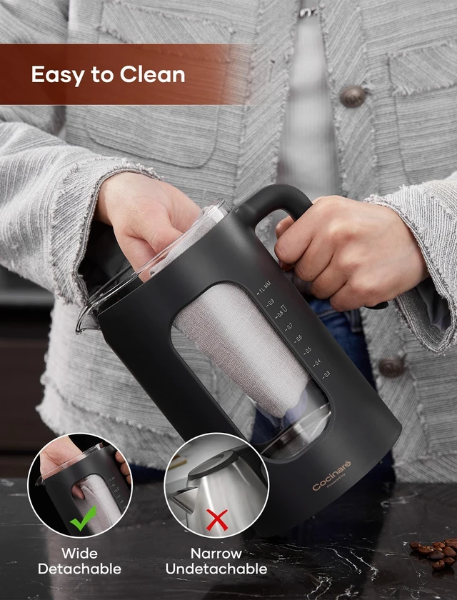 Alt view image 13 of 14 - Electric Tea Kettle with Infuser, ±1 Temperature Control, 1L | Borosilicate Glass, 1200W Fast Heating, Easy to Clean, Keep-warm, Auto shut-off, Dark Gray