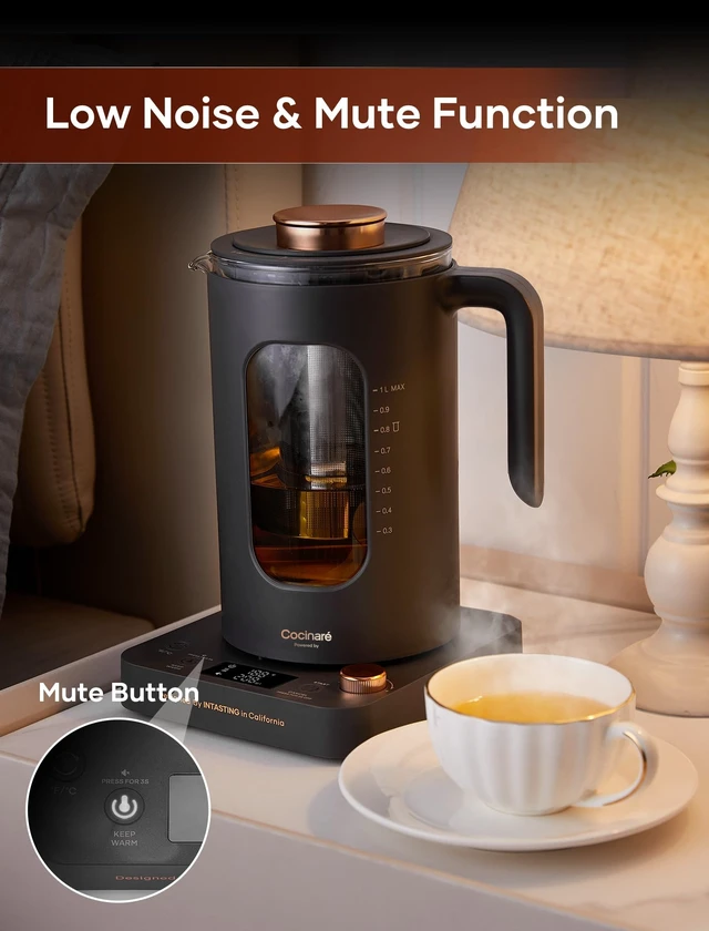 Alt view image 14 of 14 - Electric Tea Kettle with Infuser, ±1 Temperature Control, 1L | Borosilicate Glass, 1200W Fast Heating, Easy to Clean, Keep-warm, Auto shut-off, Dark Gray