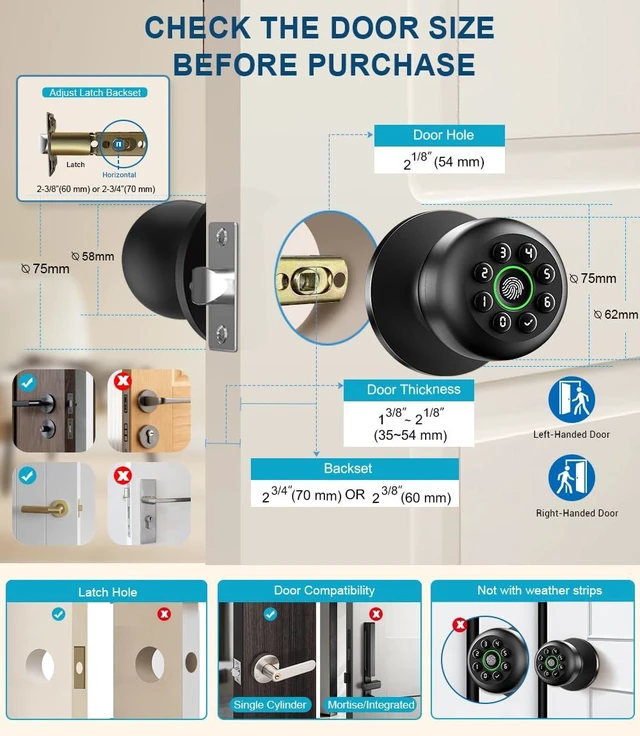 Alt view image 11 of 14 - Smart Fingerprint Door Knob with Keypad, Fingerprint Door Lock, Matte Black | Biometric Door Locks with App Control, Auto Lock, Door with Code, Keyless Door Knob with Lock for Bedrooms, Front Door