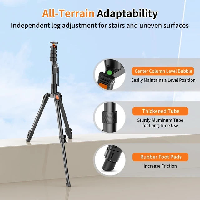 Alt view image 12 of 14 - 75" Camera Tripod,Aluminum Tripod for Camera Phone/Monopod with Remote | Cell Phone Tripod for iphone with Ball Head,Camera Stand for Canon/Sony/DSLR/Digital Camera Accessory Kits,Max Load 17.64lb