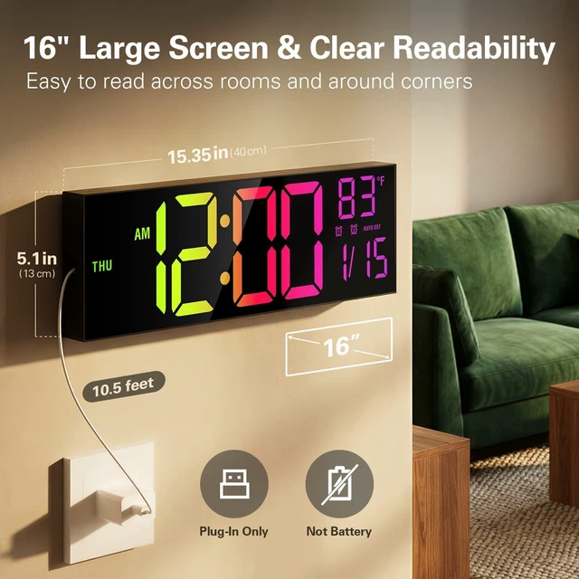 Alt view image 9 of 14 - 16" Large Digital Wall Clock with RGB Colors for Classroom, Wall Clock with Bluetooth for Time Set, Digital Clock with Temperature Timer Dual Alarm, Classroom Decor for Teacher Student, Black