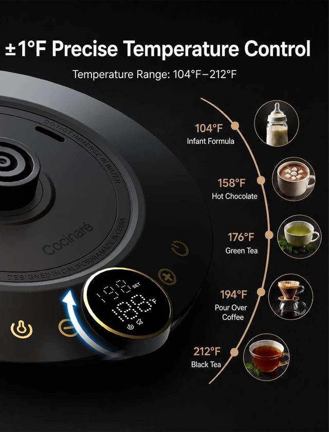 Alt view image 10 of 14 - FLOW B9 Gooseneck Electric Kettle ±1°F Temperature Control | Pour Over Coffee & Tea, 0.9L Capacity, 1500W Fast Heating, 1H Keep Warm, Delacroix Green