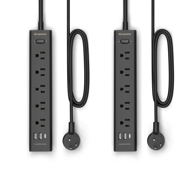 Alt view image 8 of 14 - 2 Pack Power Strip Surge Protector-5 Widely Spaced Outlets 3 USB Ports(1 USB C Port),1250W/10A with 5Ft Extension Cord, Power Strips with Surge Protection, Wall Mount for Home Office,Black