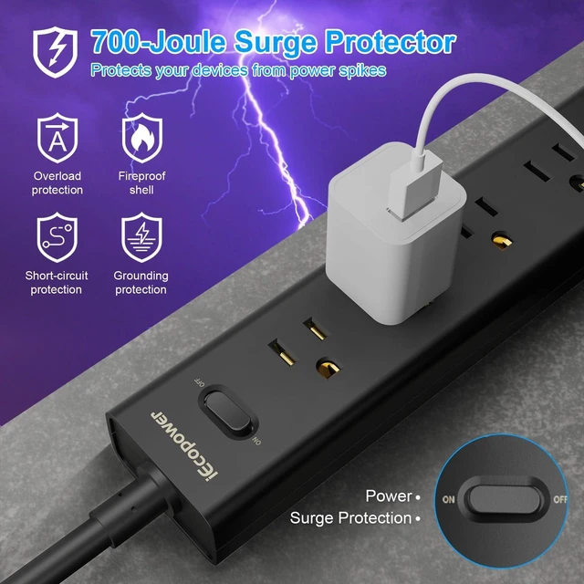 Alt view image 12 of 14 - 2 Pack Power Strip Surge Protector-5 Widely Spaced Outlets 3 USB Ports(1 USB C Port),1250W/10A with 5Ft Extension Cord, Power Strips with Surge Protection, Wall Mount for Home Office,Black