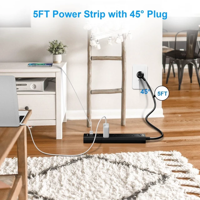 Alt view image 13 of 14 - 2 Pack Power Strip Surge Protector-5 Widely Spaced Outlets 3 USB Ports(1 USB C Port),1250W/10A with 5Ft Extension Cord, Power Strips with Surge Protection, Wall Mount for Home Office,Black