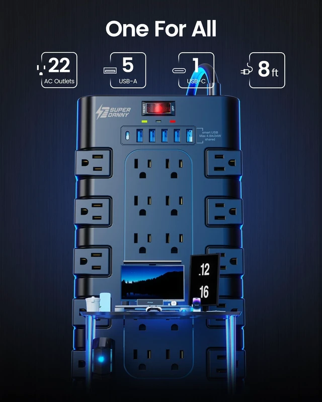 Alt view image 10 of 14 - Power Strip Surge Protector, 22 AC 6 USB, 2100J, 8Ft, 1875W/15A | 5A1C, Heavy Duty Extension Cord with Multiple Outlets, Flat Plug Outlet Extender for Home, Office, Dorm, Gaming Room, Black