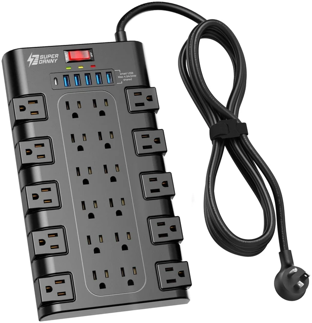 Alt view image 8 of 14 - Power Strip Surge Protector, 22 AC 6 USB, 2100J, 8Ft, 1875W/15A | 5A1C, Heavy Duty Extension Cord with Multiple Outlets, Flat Plug Outlet Extender for Home, Office, Dorm, Gaming Room, Black