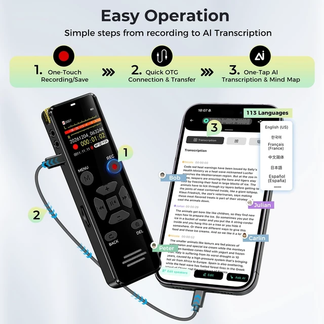 Alt view image 12 of 14 - Digital Voice Recorder 128GB AI Transcribe & Summarize Note Taker | Voice Activated Recorder with Playback, Portable Audio Recorder & Tape Recorder for Meetings Lectures, OTG Support