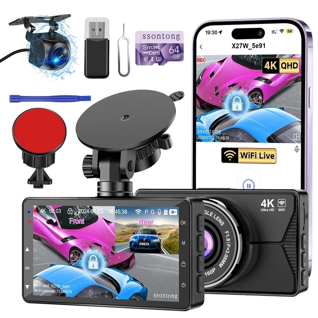 Alt view image 8 of 14 - Dash Cam Front and Rear, 4K WiFi App Control with 64GB Card USB Powered | Loop Recording, G-Sensor, Time-Lapse, Parking Mode, DVR Car Security Camera, Night Vision Dashcam, Supports Up to 256GB Card