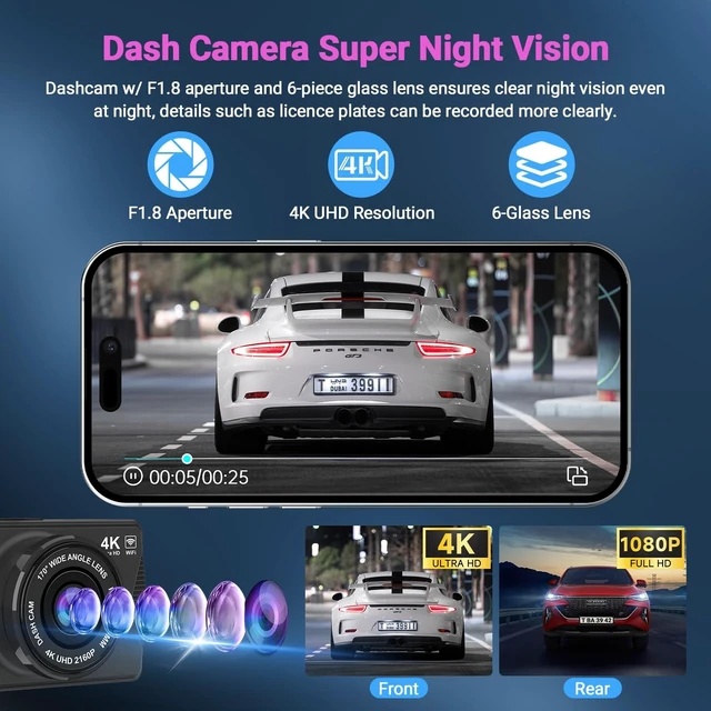 Alt view image 11 of 14 - Dash Cam Front and Rear, 4K WiFi App Control with 64GB Card USB Powered | Loop Recording, G-Sensor, Time-Lapse, Parking Mode, DVR Car Security Camera, Night Vision Dashcam, Supports Up to 256GB Card