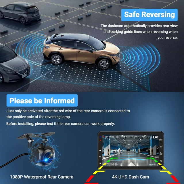 Alt view image 10 of 14 - Dash Cam Front and Rear, 4K WiFi App Control with 64GB Card USB Powered | Loop Recording, G-Sensor, Time-Lapse, Parking Mode, DVR Car Security Camera, Night Vision Dashcam, Supports Up to 256GB Card
