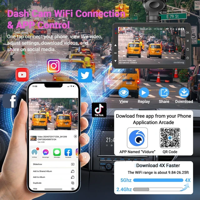 Alt view image 9 of 14 - Dash Cam Front and Rear, 4K WiFi App Control with 64GB Card USB Powered | Loop Recording, G-Sensor, Time-Lapse, Parking Mode, DVR Car Security Camera, Night Vision Dashcam, Supports Up to 256GB Card