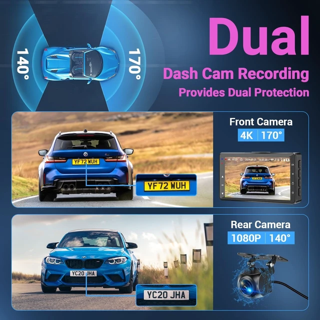 Alt view image 12 of 14 - Dash Cam Front and Rear, 4K WiFi App Control with 64GB Card USB Powered | Loop Recording, G-Sensor, Time-Lapse, Parking Mode, DVR Car Security Camera, Night Vision Dashcam, Supports Up to 256GB Card