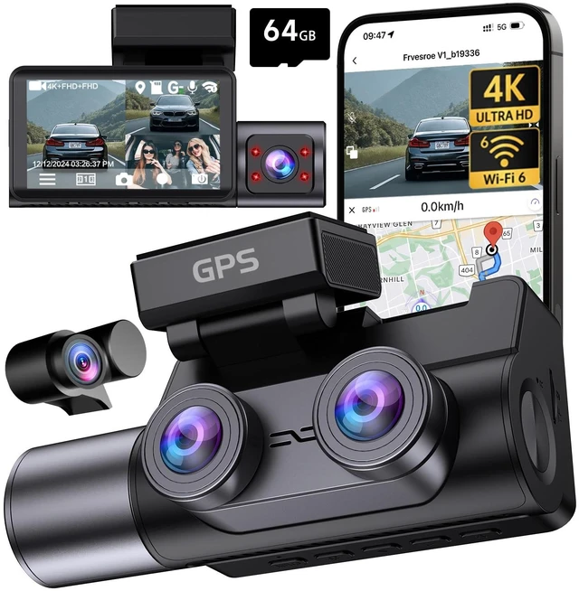 Alt view image 8 of 14 - 4K Dash Cam Front Rear Inside, 3 Channel Dashcam with WiFi 6 & GPS | 4K+1080P+1080P Dash Camera for Cars with 64GB Card, IR Night Vision, 3" IPS, 24H Parking Mode, G-Sensor, Loop Recording