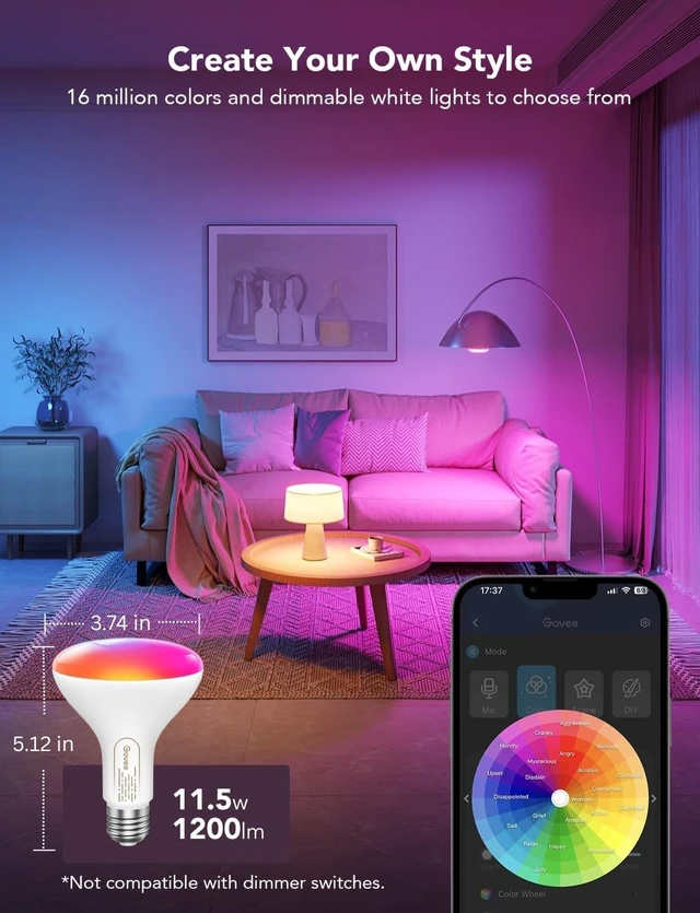 Alt view image 9 of 14 - Smart Light Bulbs, 1200 Lumens Dimmable BR30 Bulbs, RGBWW 2 Pack | RGBWW Color Changing Light Bulb, Flood Light Bulbs Work with Alexa, Google Assistant, WiFi & Bluetooth LED Bulbs, Music Sync