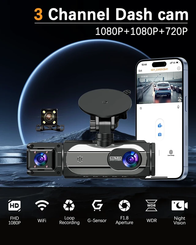Alt view image 9 of 14 - Dash Cam Front and Rear, 1080P Dash Camera for Cars, 3 Channel Car Camera Front Rear and Inside/Back with 32GB Card 5G Wireless WiFi, Loop Recording, Night Vision, HDR, G-Sensor, 24Hr Parking