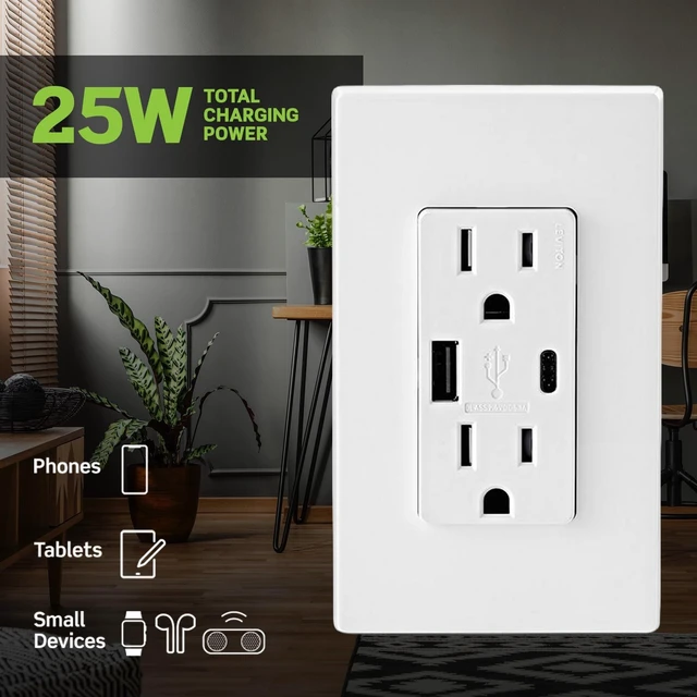 Alt view image 8 of 12 - Type A & Type-C USB In-Wall Charger with 15A Tamper-Resistant Outlet, USB Charger for Smartphones and Tablets, Not for Laptops, T5633-W, White