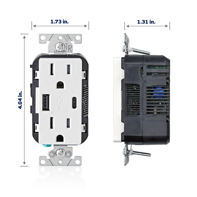 Alt view image 10 of 12 - Type A & Type-C USB In-Wall Charger with 15A Tamper-Resistant Outlet, USB Charger for Smartphones and Tablets, Not for Laptops, T5633-W, White