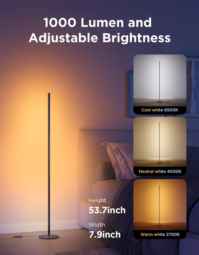 Alt view image 11 of 14 - RGBIC Floor Lamp Basic, 1000lm LED Corner Lamp, Black | Compatible with Alexa and Matter, Modern Floor Lamp with Music Sync and 16 Million DIY Colors, Standing Lamp for Bedroom