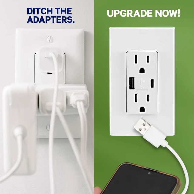 Alt view image 11 of 12 - Type A & Type-C USB In-Wall Charger with 15A Tamper-Resistant Outlet, USB Charger for Smartphones and Tablets, Not for Laptops, T5633-W, White