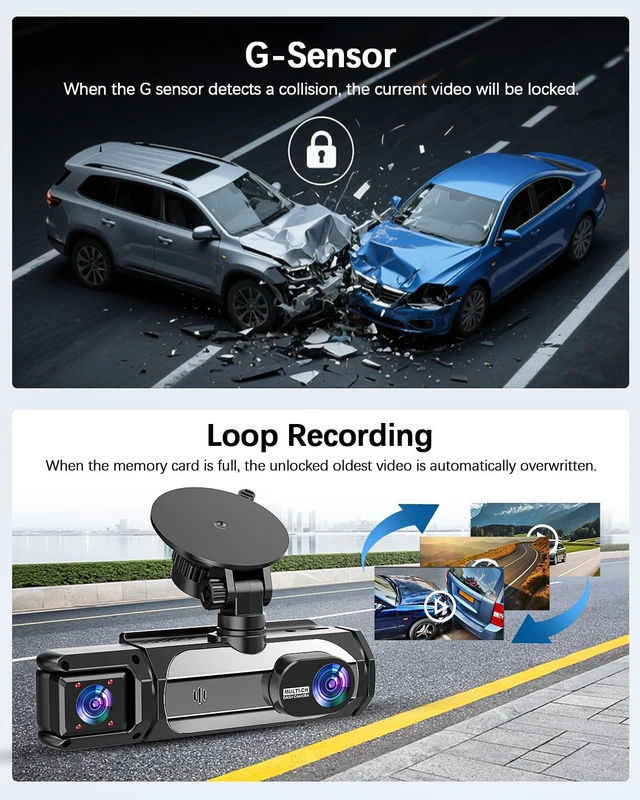 Alt view image 11 of 14 - Dash Cam Front and Rear, 1080P Dash Camera for Cars, 3 Channel Car Camera Front Rear and Inside/Back with 32GB Card 5G Wireless WiFi, Loop Recording, Night Vision, HDR, G-Sensor, 24Hr Parking