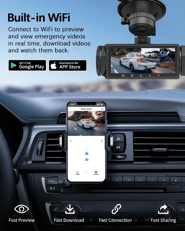 Alt view image 12 of 14 - Dash Cam Front and Rear, 1080P Dash Camera for Cars, 3 Channel Car Camera Front Rear and Inside/Back with 32GB Card 5G Wireless WiFi, Loop Recording, Night Vision, HDR, G-Sensor, 24Hr Parking