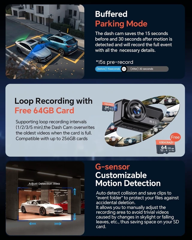 Alt view image 12 of 12 - Dash Cam Front Rear - 4K STARVIS Sensor Dashcam,Free 64GB Card, Built-in 5G WiFi/GPS, Dual Dash Camera for Cars with 3" IPS Screen,HDR/WDR Night Vision, App Control, 24H Parking Mode