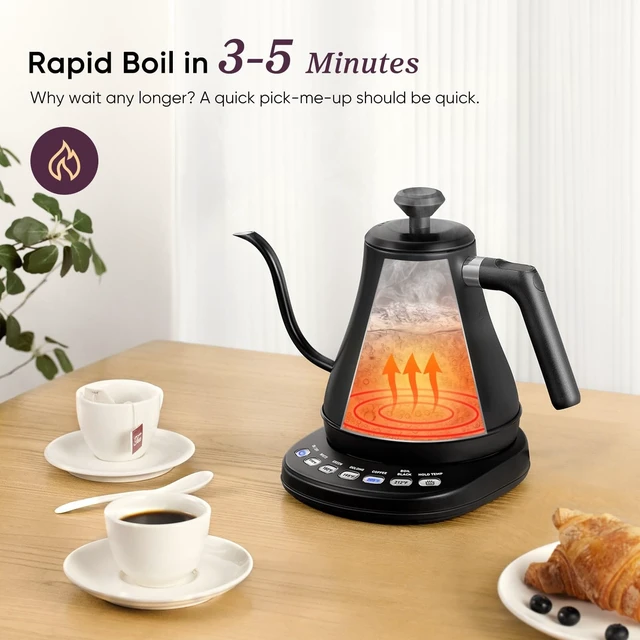 Alt view image 10 of 12 - Gooseneck Electric Kettle with Temperature Control, 0.8L, Black | No Plastic Contact with Water, 5 Presets, 60-Min Keep Warm, Pour Over Coffee & Tea, Stainless Steel Interior, 1200W