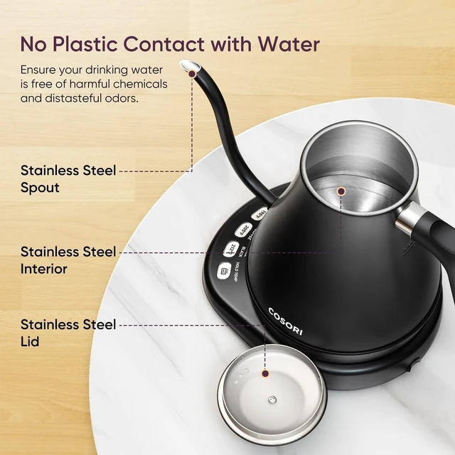 Alt view image 12 of 12 - Gooseneck Electric Kettle with Temperature Control, 0.8L, Black | No Plastic Contact with Water, 5 Presets, 60-Min Keep Warm, Pour Over Coffee & Tea, Stainless Steel Interior, 1200W