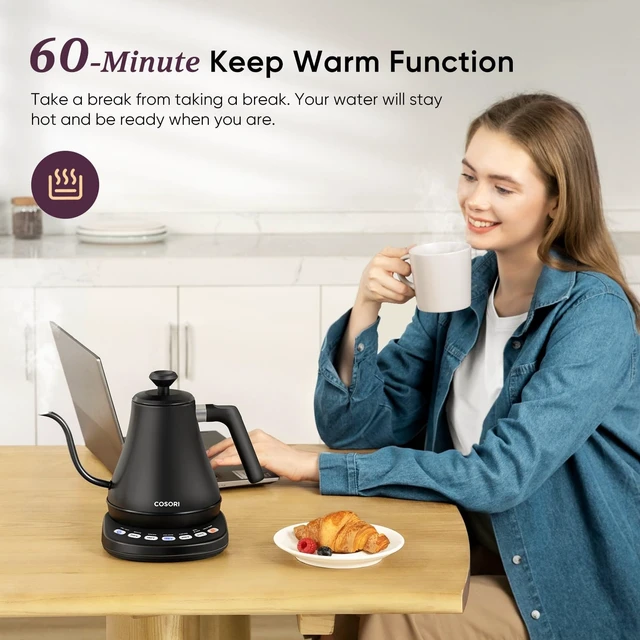 Alt view image 11 of 12 - Gooseneck Electric Kettle with Temperature Control, 0.8L, Black | No Plastic Contact with Water, 5 Presets, 60-Min Keep Warm, Pour Over Coffee & Tea, Stainless Steel Interior, 1200W